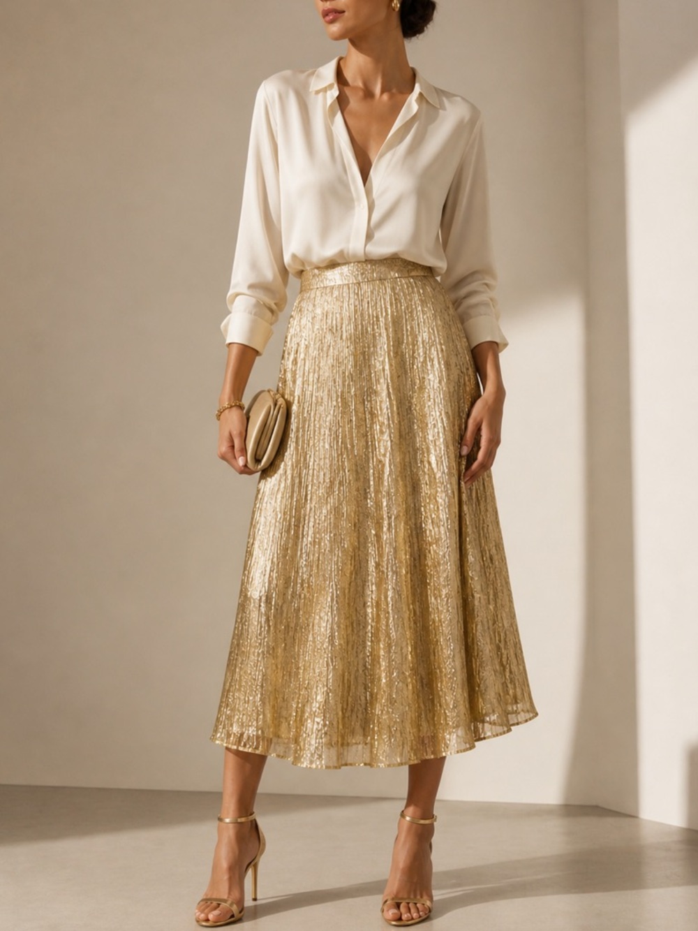 Metallic Pleated Midi Skirt in Gold